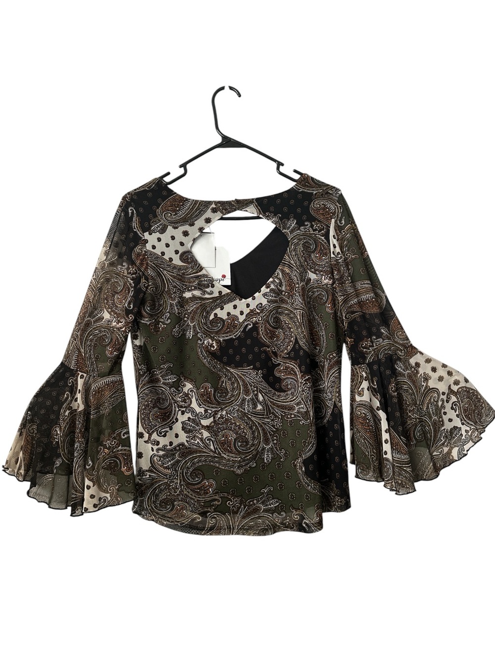 POPPI Olive & Cream Paisley 3/4th Bell-Sleeve Blouse Summer Casual Small - Picture 6 of 8